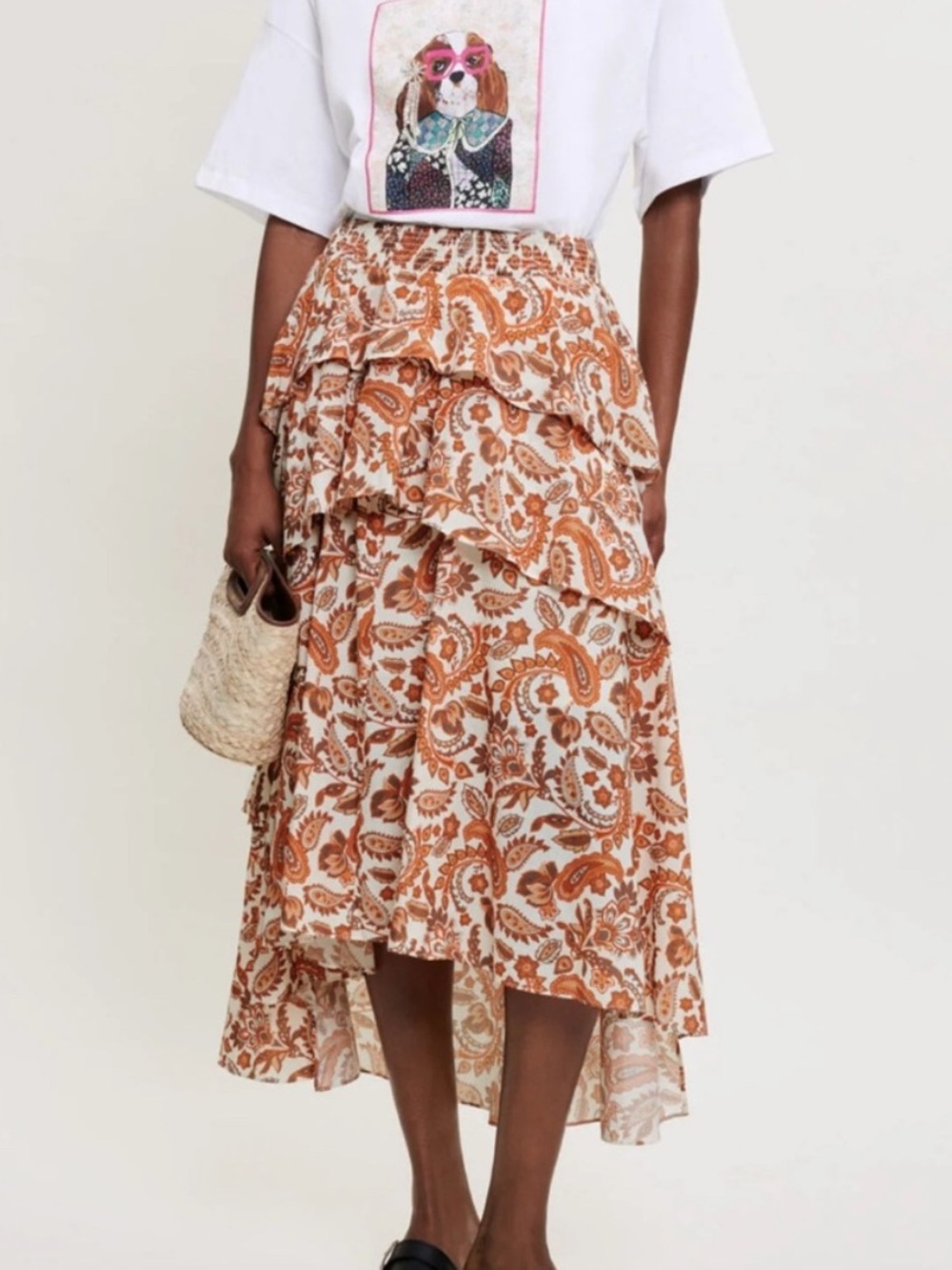 Maje Ruffled Paisley Midi Skirt - Orange and White XS